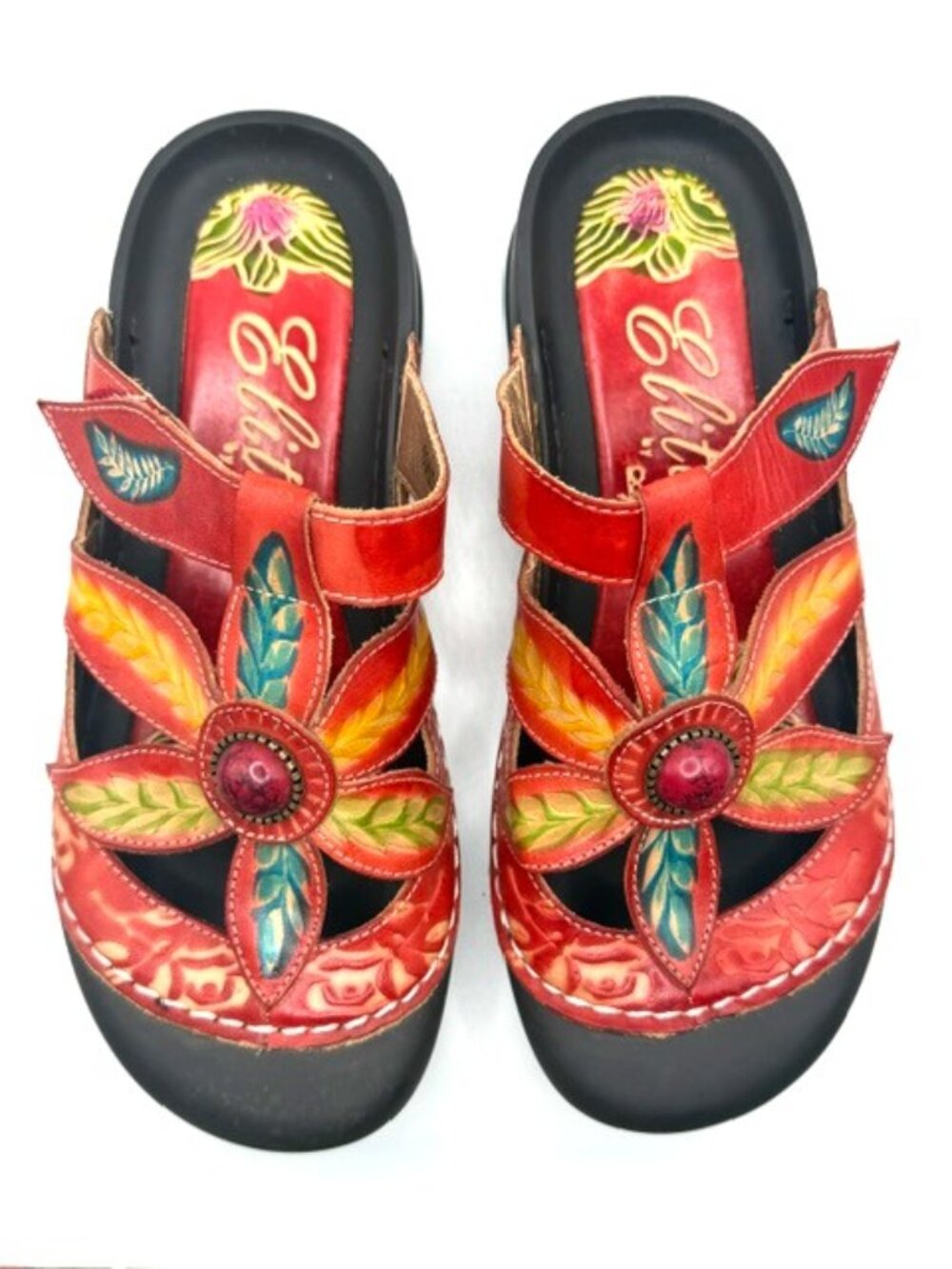 Elite by Corkys Red Leather Floral Clogs Mules Boho Shoes Size 7